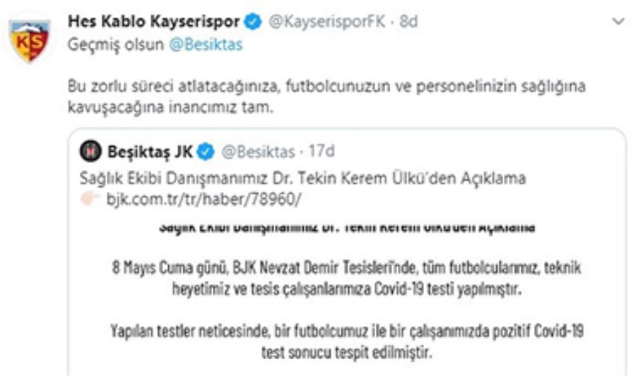 Kayserispor’dan Beşiktaş’a geçmiş olsun mesajı